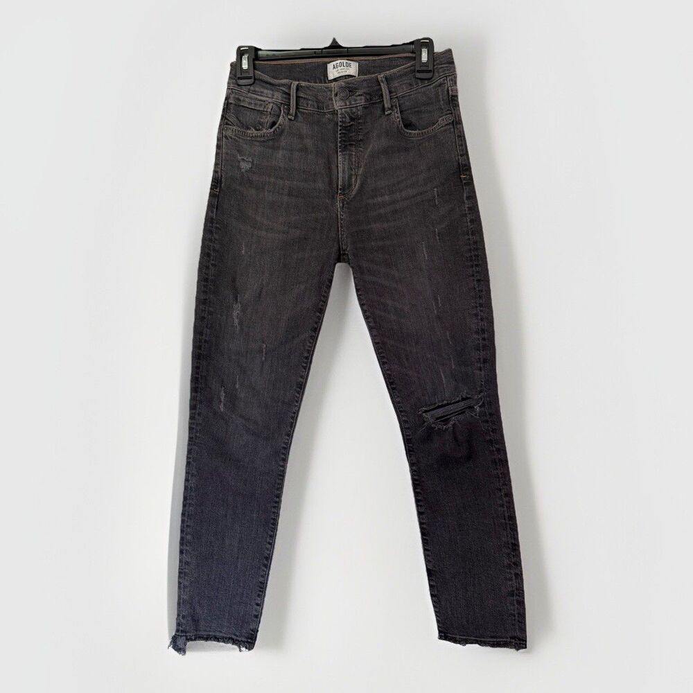 Agolde Womens Black Denim Distressed Tattered Raw Hem Size 28 High Waist Crop